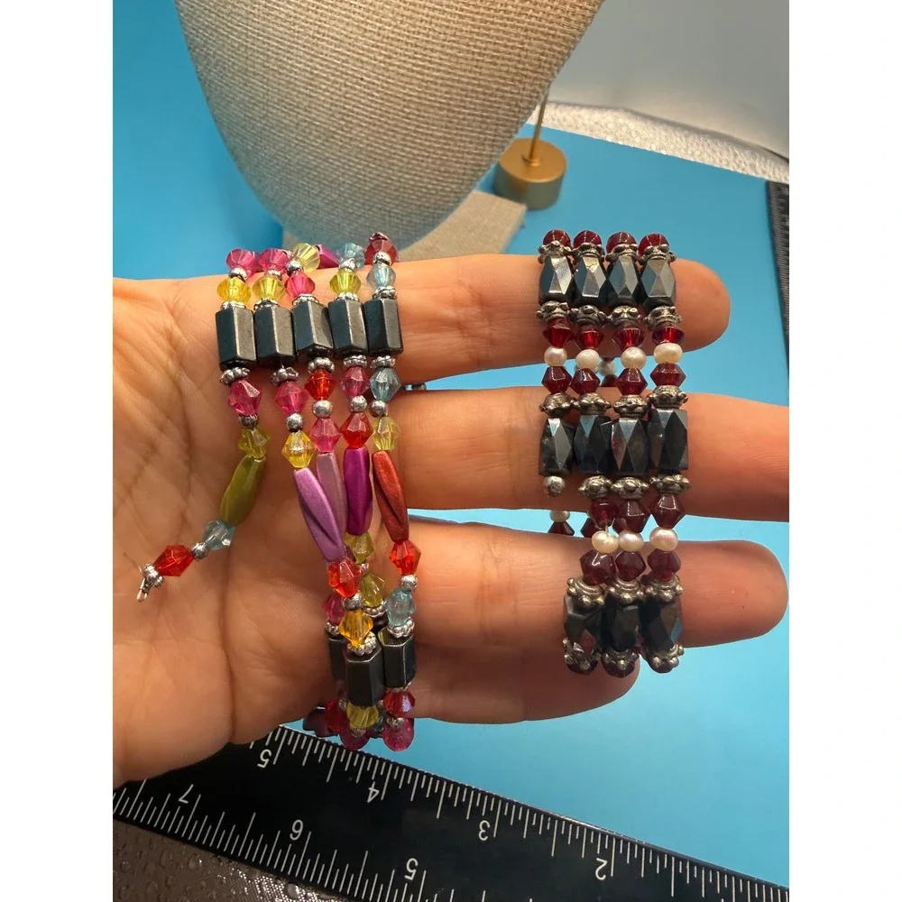 Magnetic Wrap Bracelet Set 2PC Multicolor‎ Red Black Beaded Hematite Style 17in